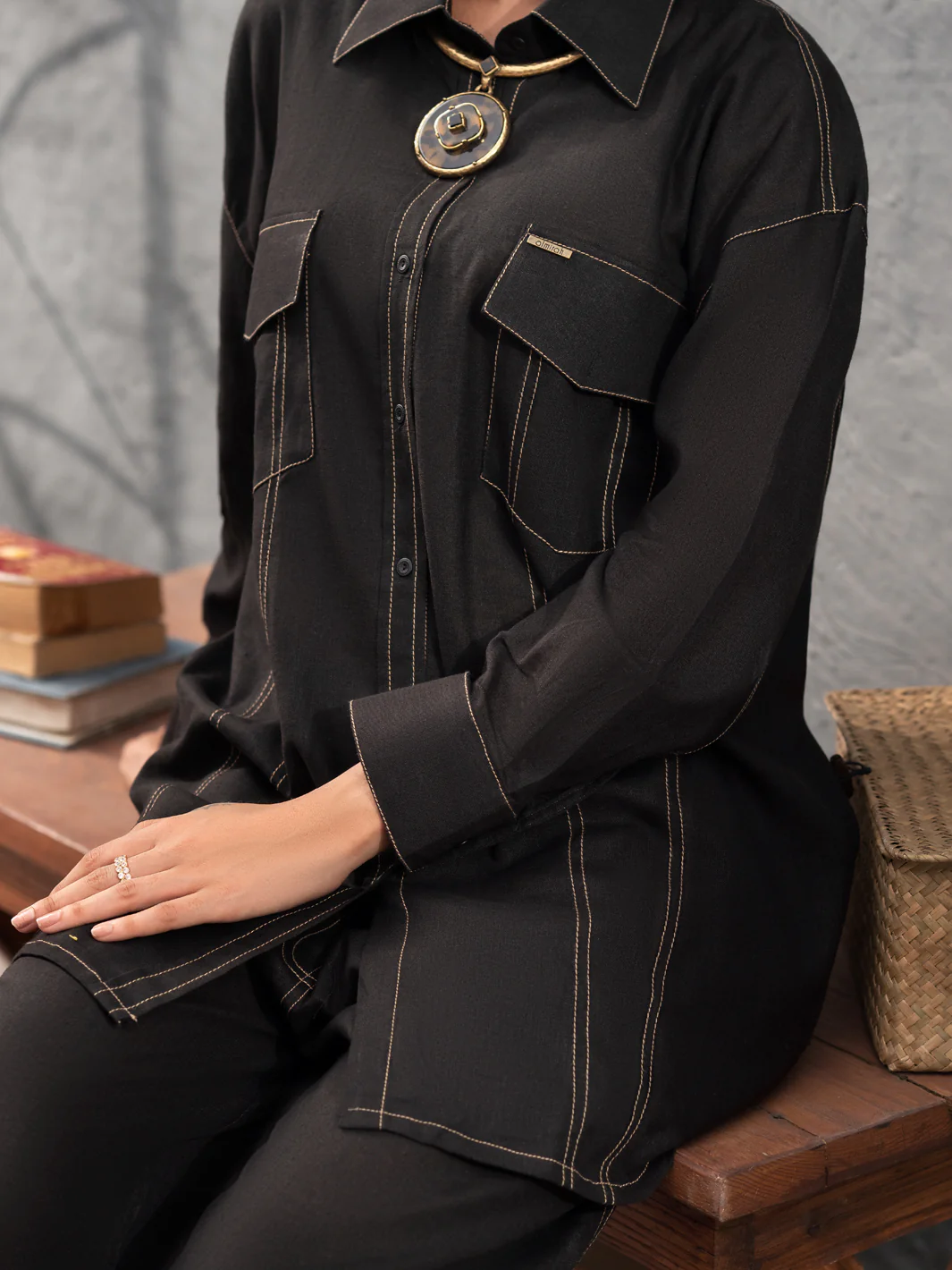 Black SatinÃ‚Â 2 Piece Stitched - AL-2PS-LKS-907 - Image 2