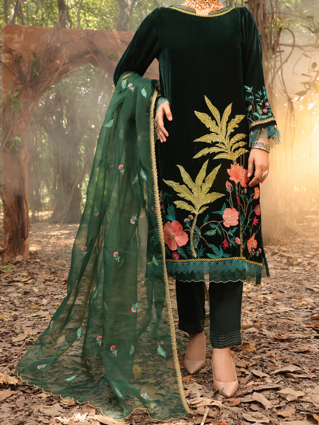 Dark Green Velvet 3 Piece Formal Stitched - AL-3PS-LS-389