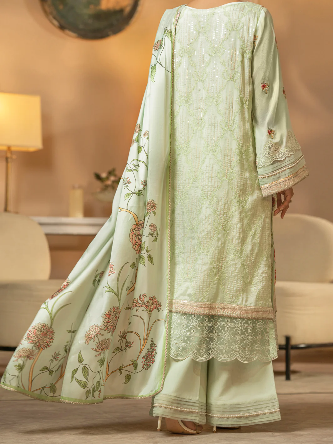 Pastel Green Chiffon 3 Piece Formal Stitched - AL-3PS-LS-422 - Image 3