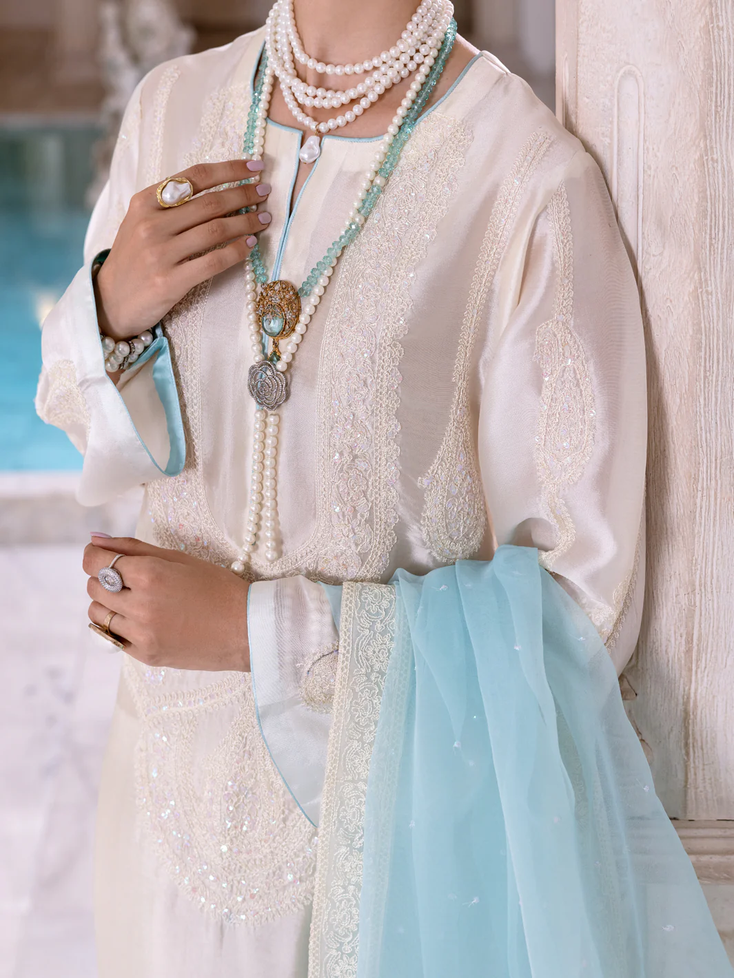 Off White Sheesha Silk Formal 3 Piece Stitched - AL-3PS-LS-459 - Image 3