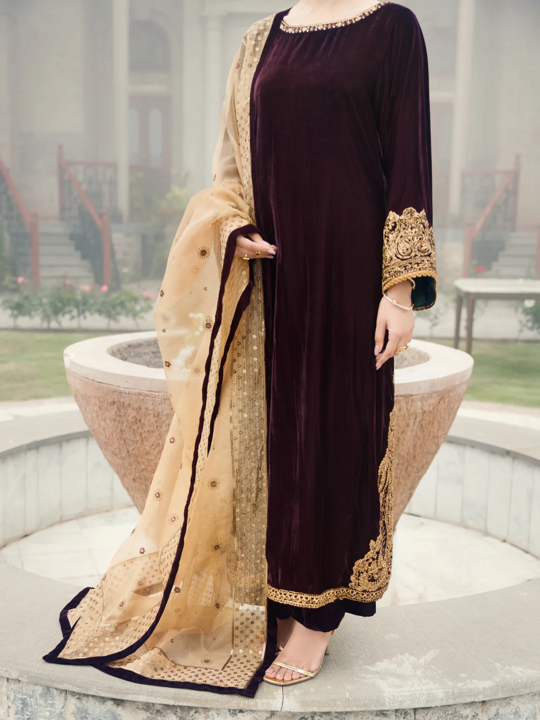Maroon Velvet Formal 3Pc Stitched - AL-3PS-LS-560
