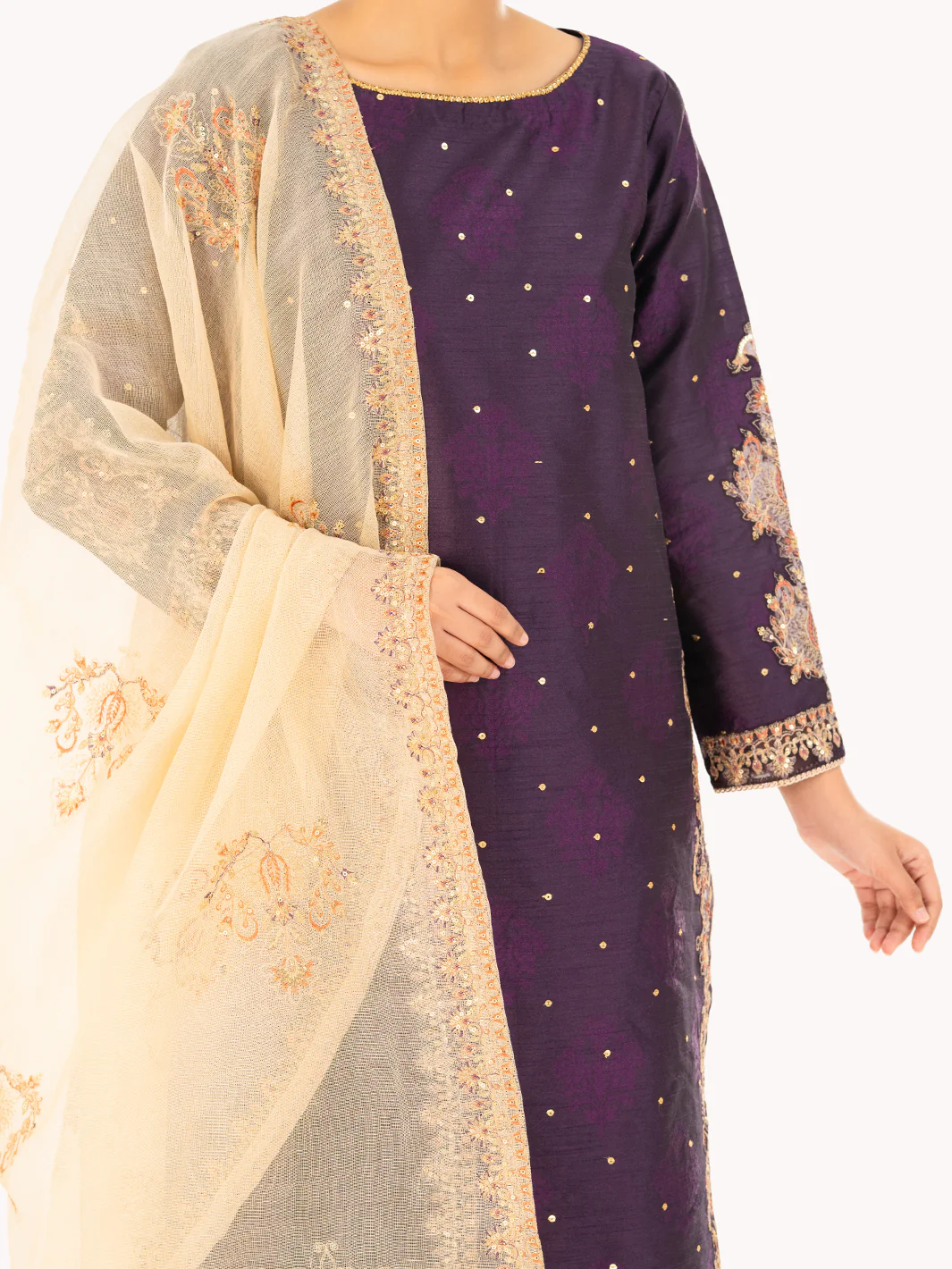 Purple Self-Jacquard Silk Formal 3Pc Stitched - AL-3PS-LS-568 - Image 3