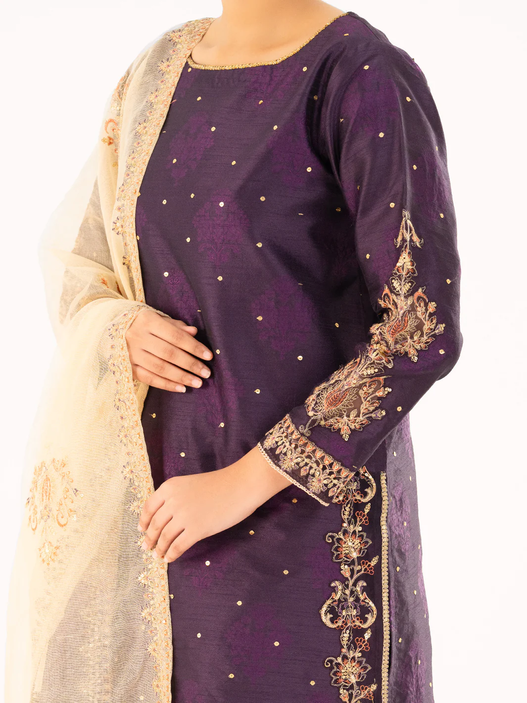 Purple Self-Jacquard Silk Formal 3Pc Stitched - AL-3PS-LS-568 - Image 4