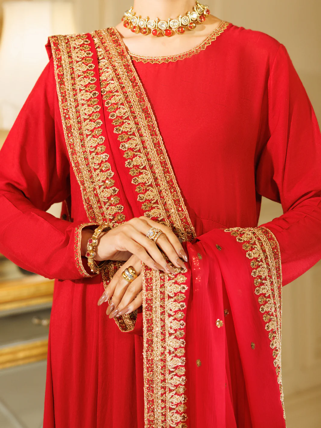 Red Raw Silk Formal Stitched 3Pc - AL-3PS-LS-600 - Image 3