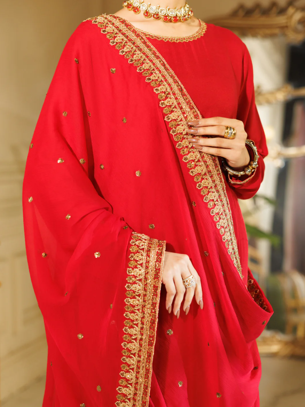 Red Raw Silk Formal Stitched 3Pc - AL-3PS-LS-600 - Image 4