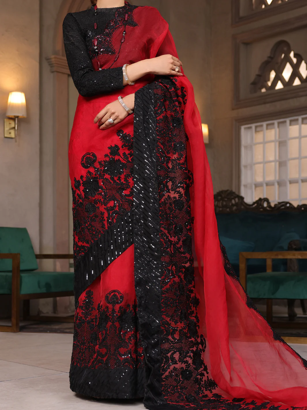 Red-Black Organza Saree Unstitched - AL-3PS-LS-SR-UN-427