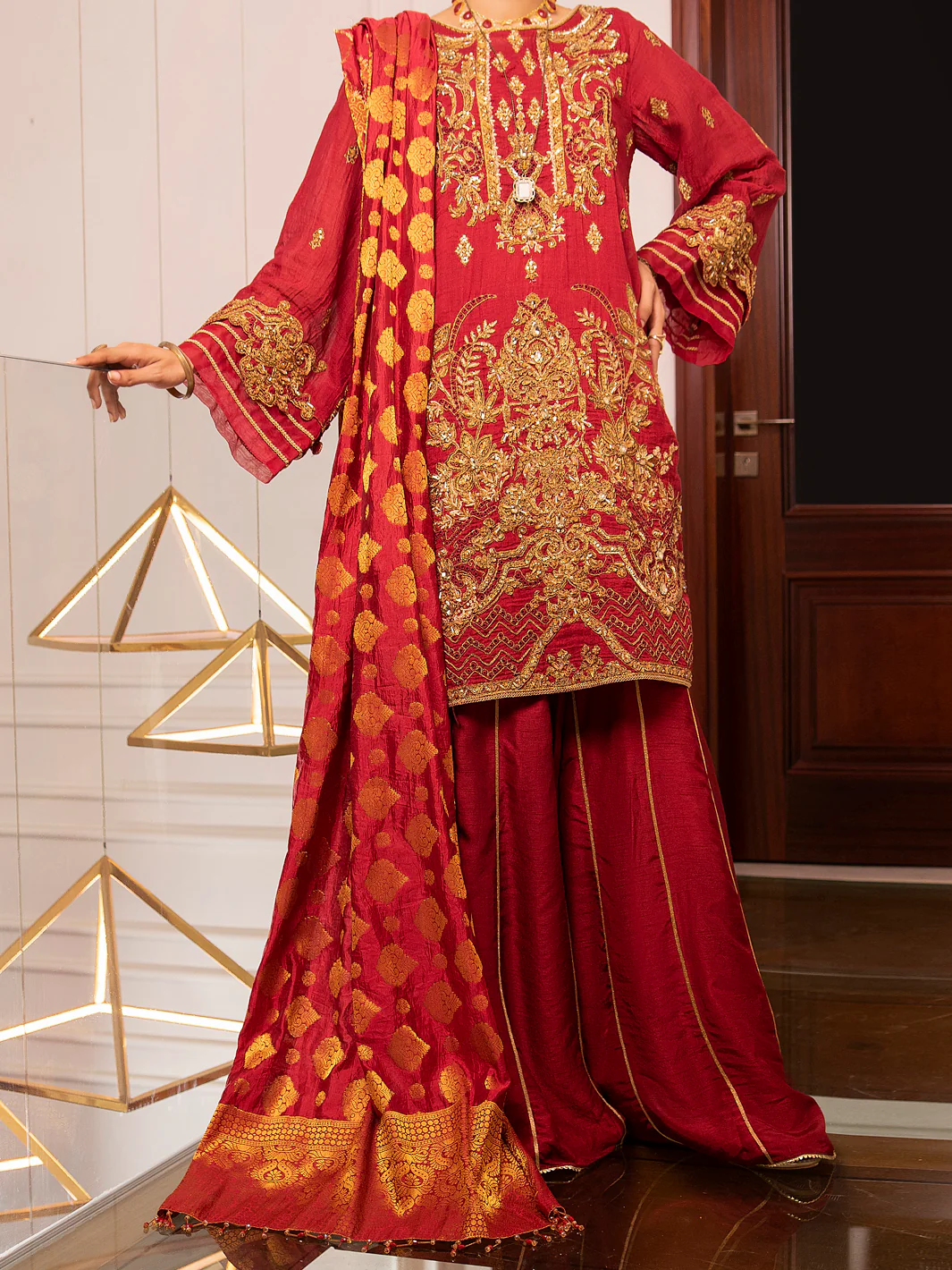 Red Cotton Masori 3 Piece Formal Unstitched - AL-3PS-LS-UN-345