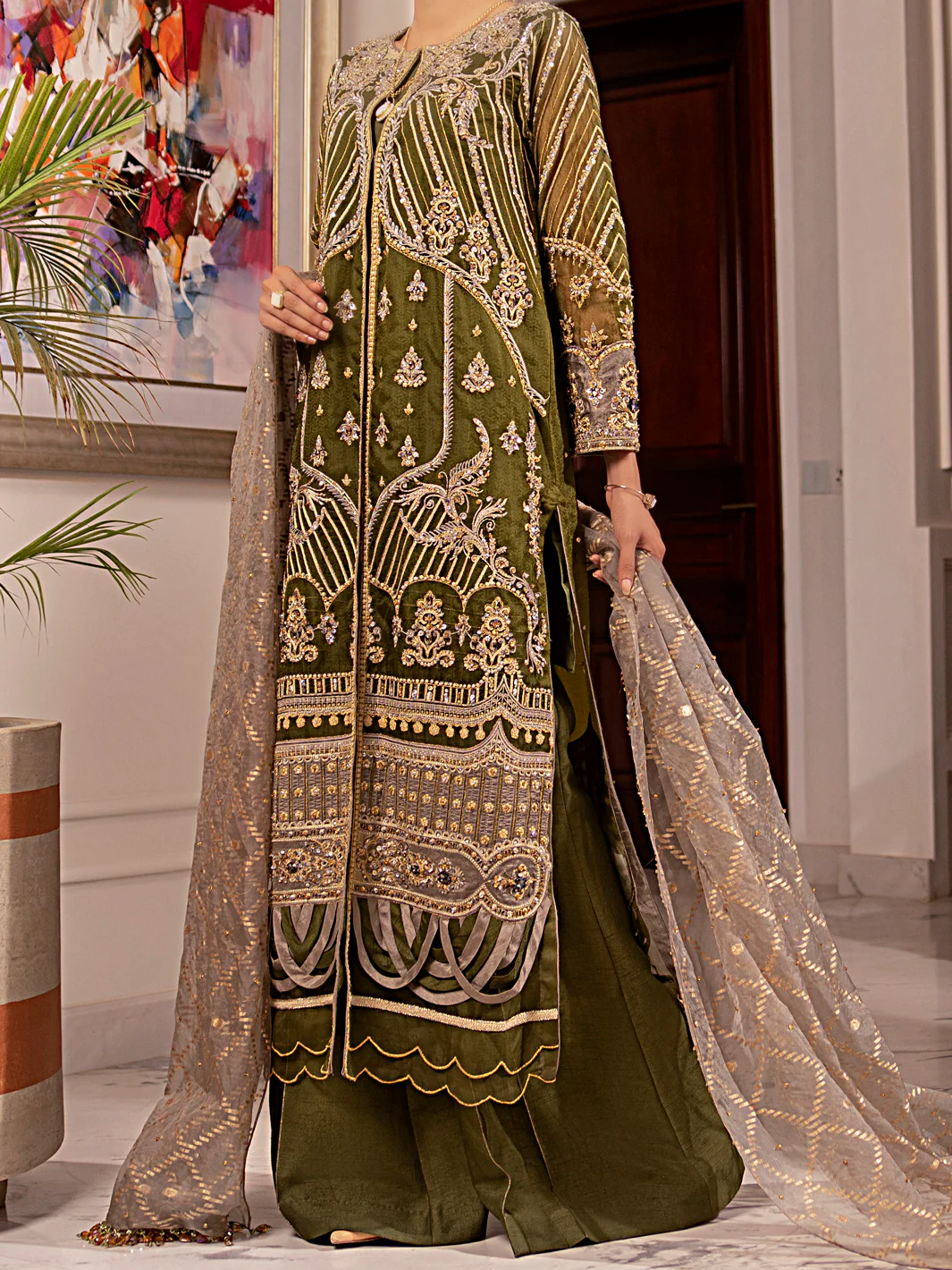 Green Organza 3 Piece Formal Unstitched - AL-3PS-LS-UN-349 - Image 5