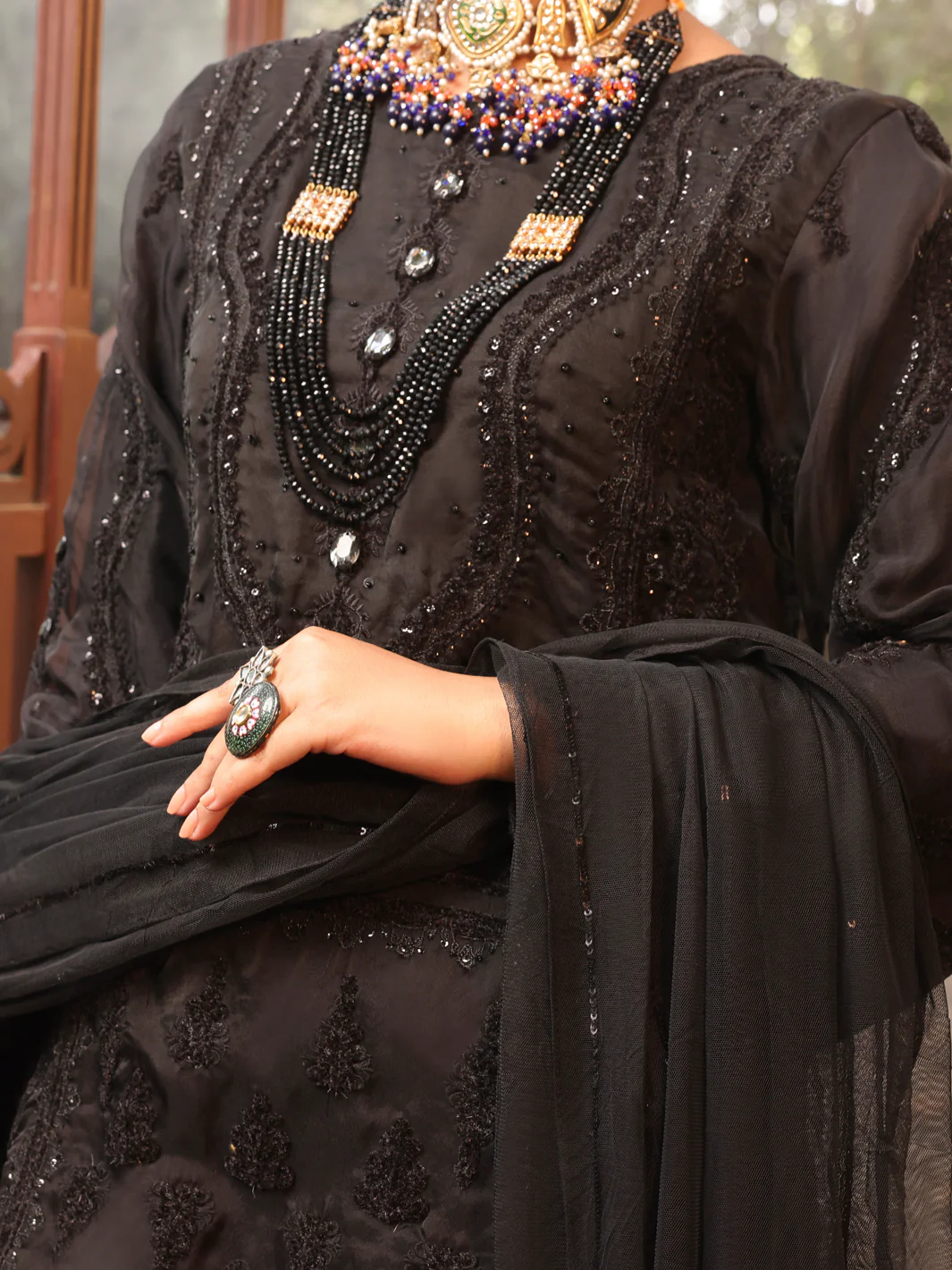 Black Organza 3 Piece Formal Unstitched - AL-3PS-LS-UN-393 - Image 3