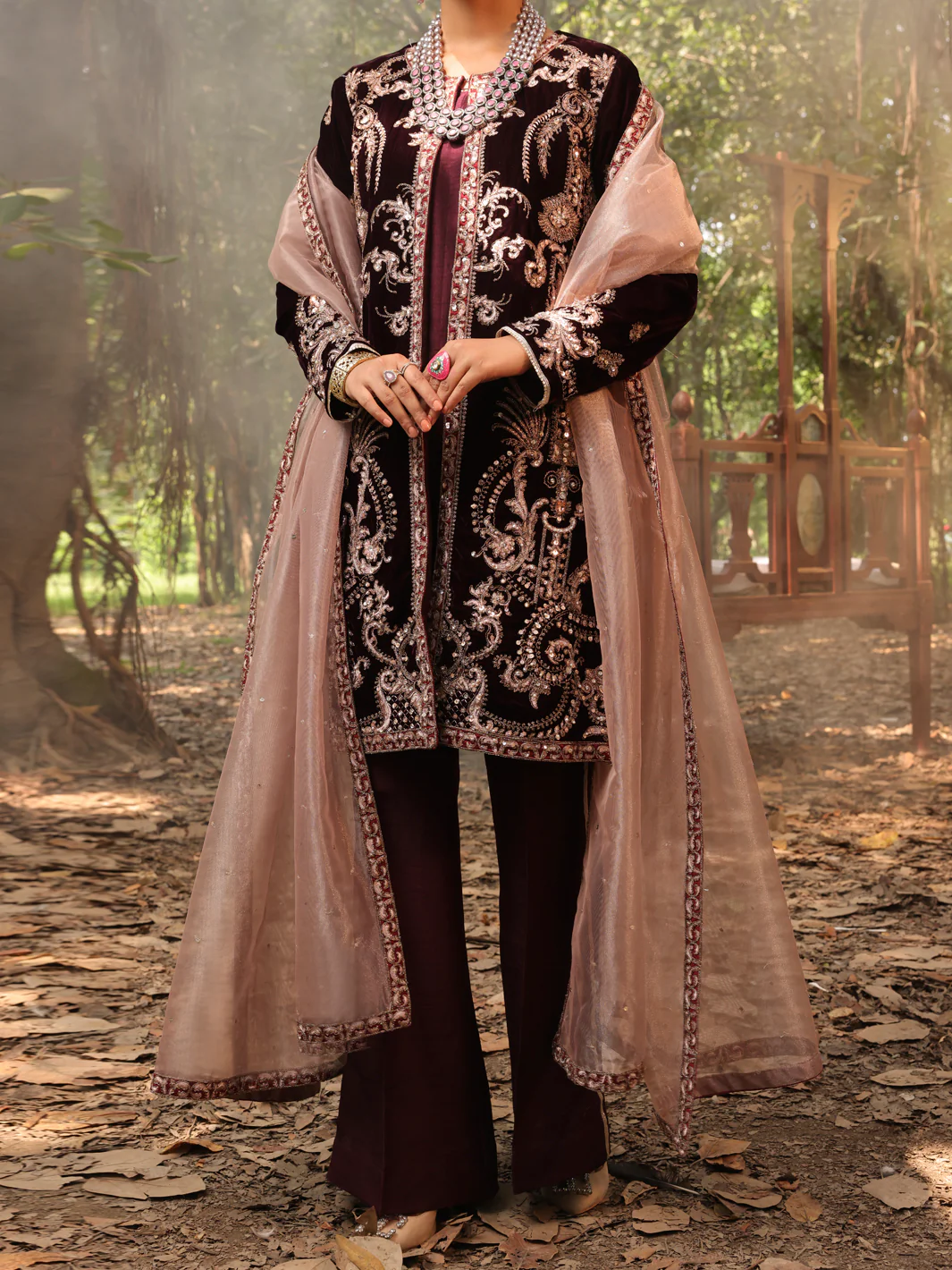 Maroon Velvet 3 Piece Formal Unstitched - AL-3PS-LS-UN-396