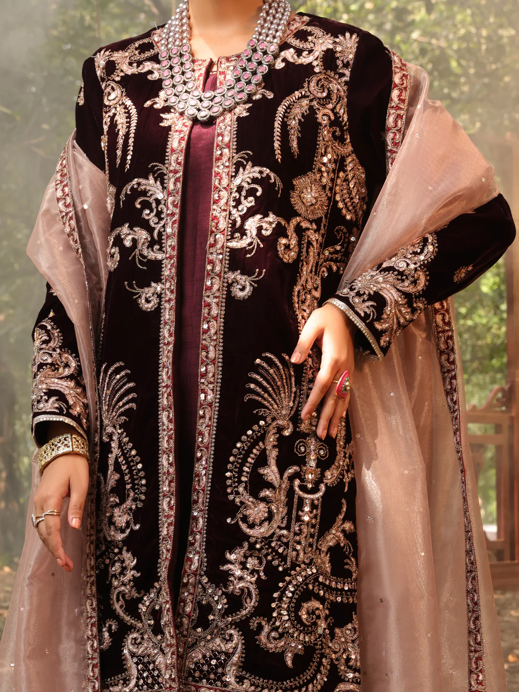 Maroon Velvet 3 Piece Formal Unstitched - AL-3PS-LS-UN-396 - Image 3
