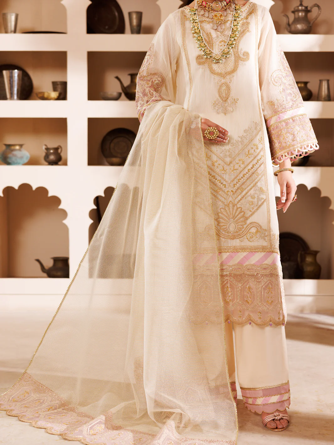 Off White Khaddi Shimmer Gold 3Pc Formal Unstitched - AL-3PS-LS-UN-457