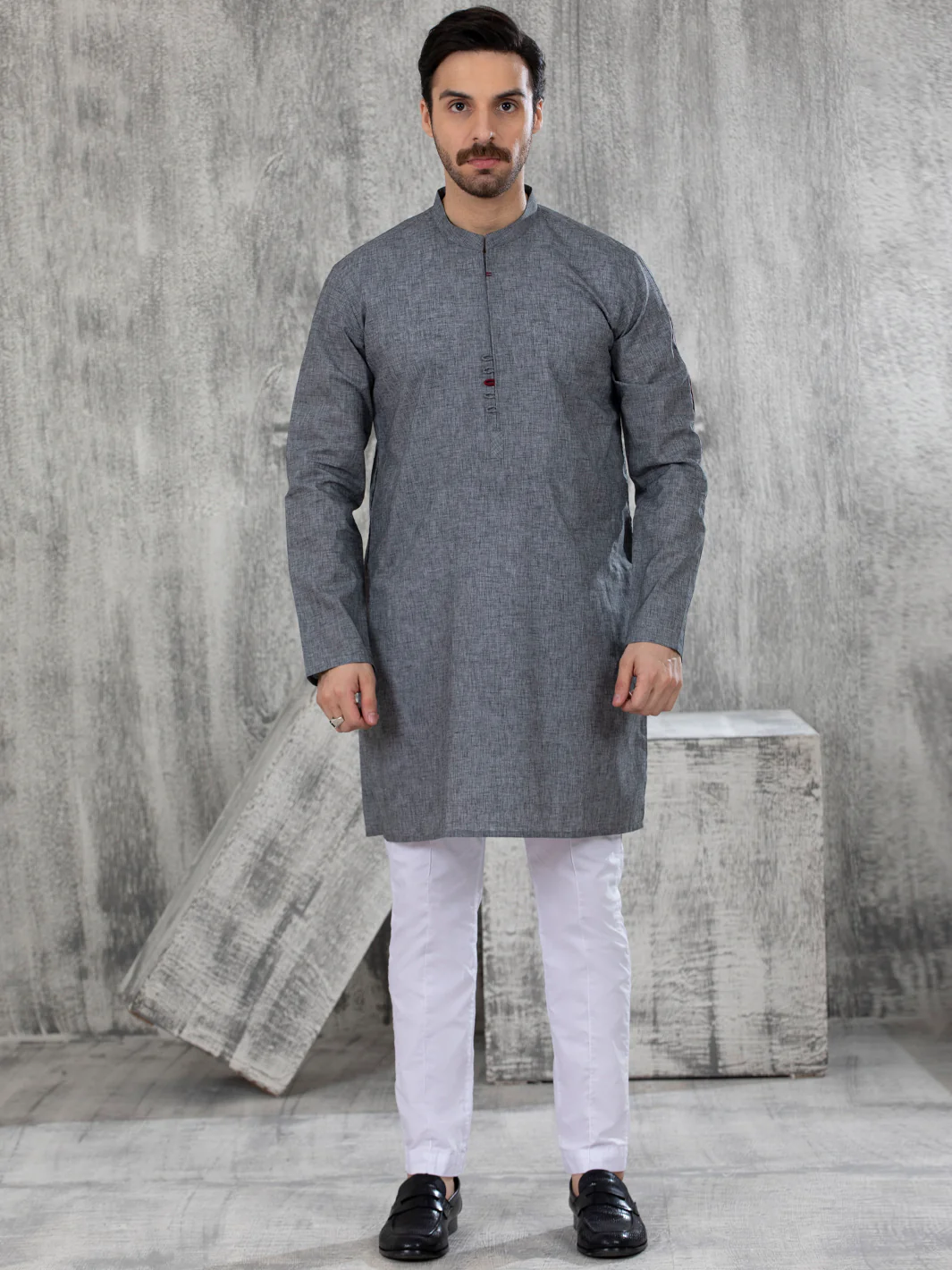 Dark Grey Blended Kurta - AL-K-1042 - Image 2