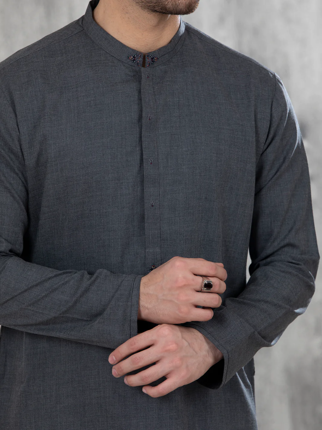 Dark Grey Blended Kurta - AL-K-1049 - Image 3
