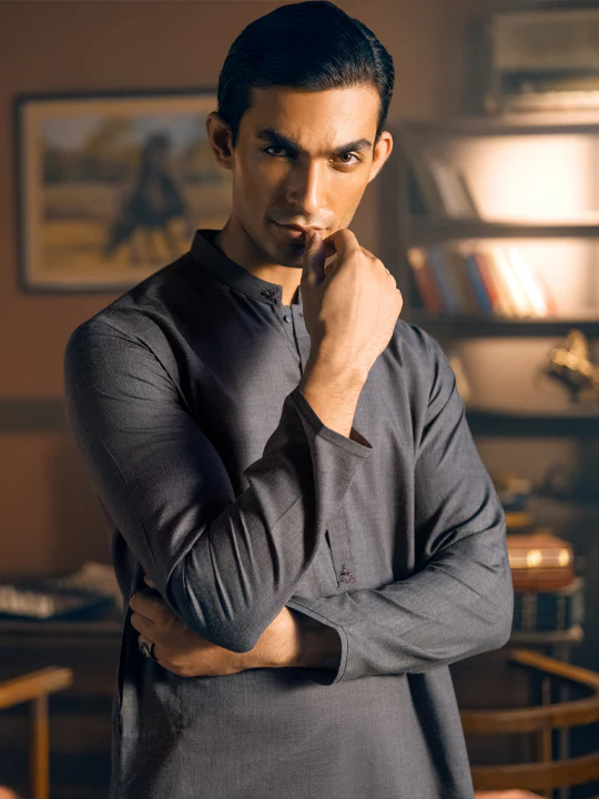 Dark Grey Blended Kurta - AL-K-1049 - Image 4