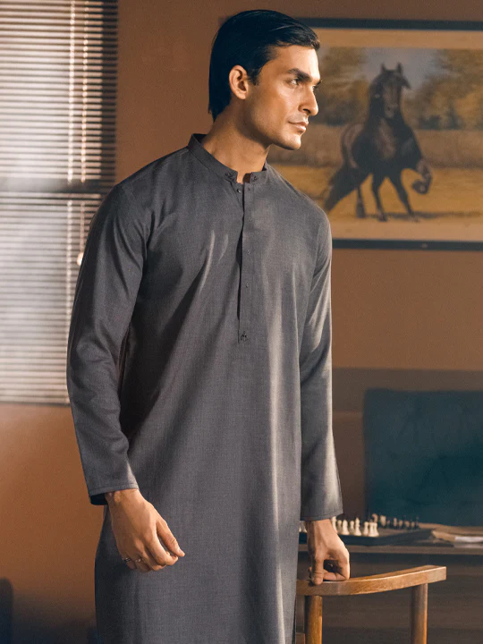 Dark Grey Blended Kurta - AL-K-1049 - Image 5