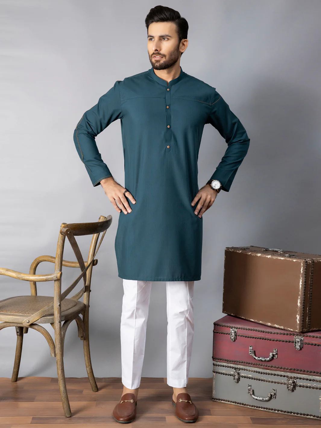 Green Blended Kurta - AL-K-1070B - Image 2