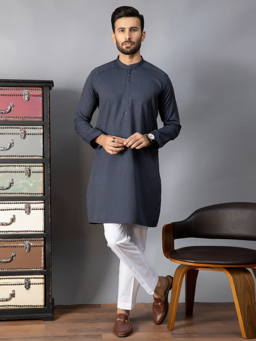 Navy Blue Blended Kurta - AL-K-1086B