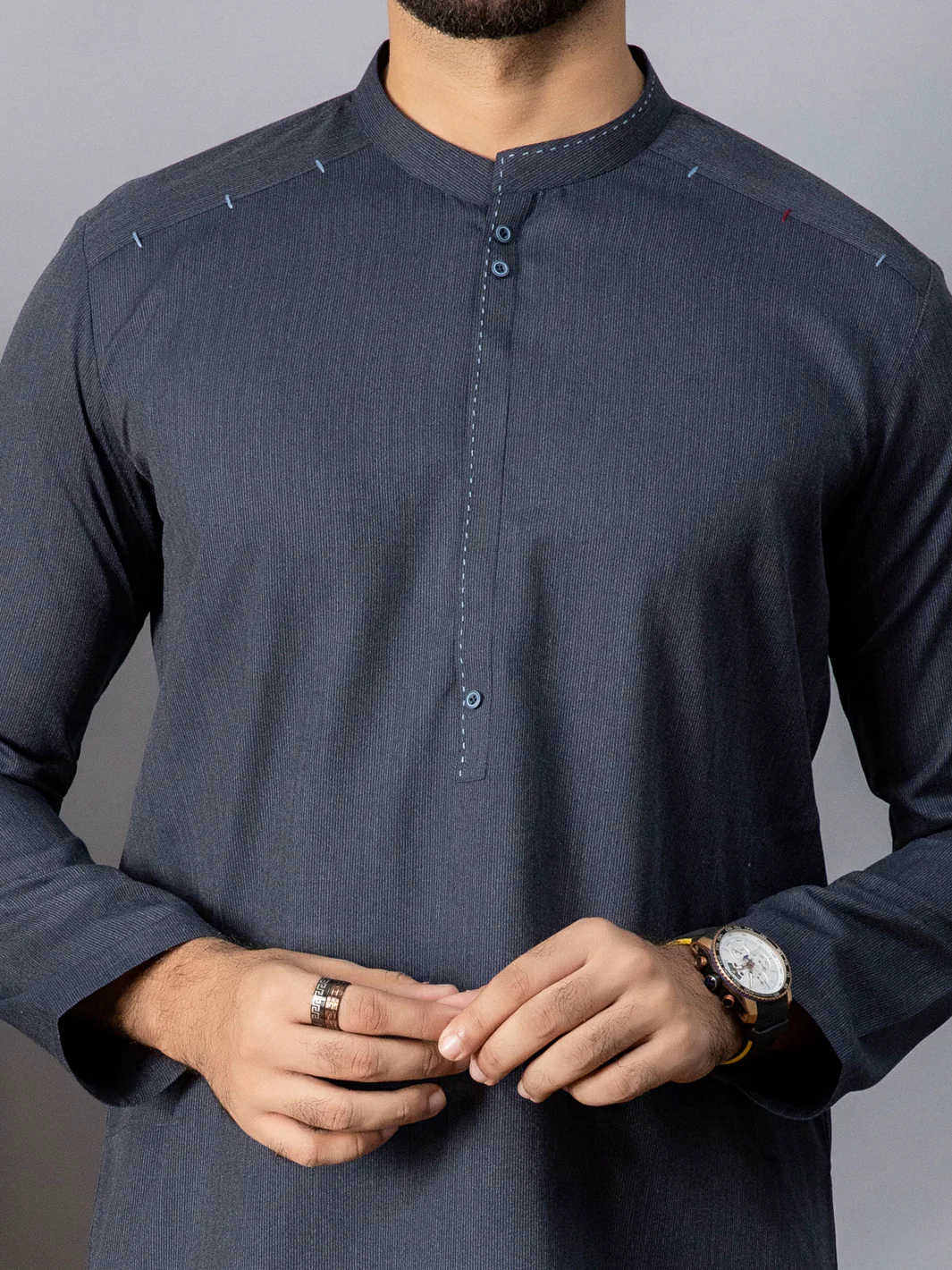 Navy Blue Blended Kurta - AL-K-1086B - Image 2