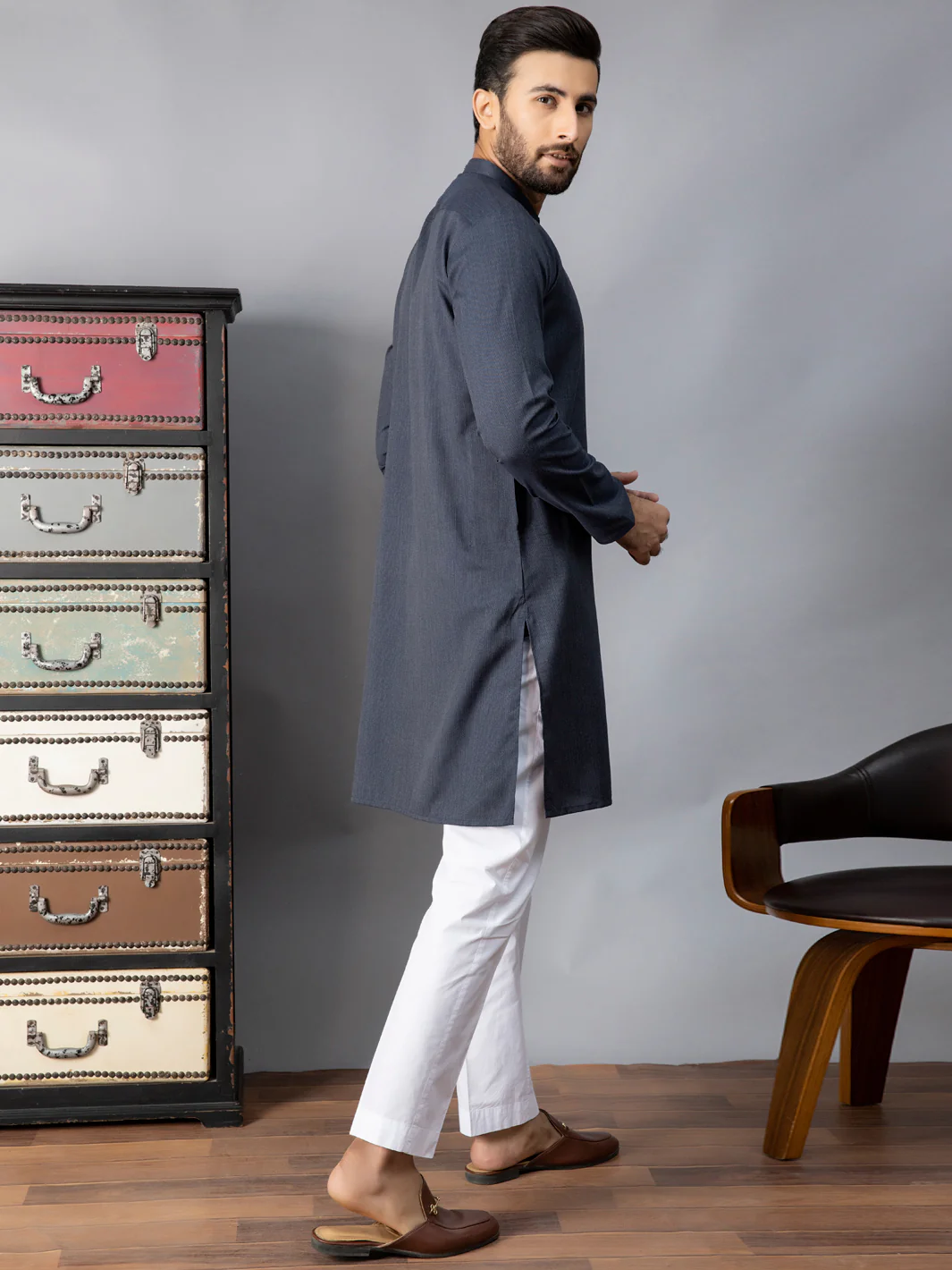 Navy Blue Blended Kurta - AL-K-1086B - Image 4