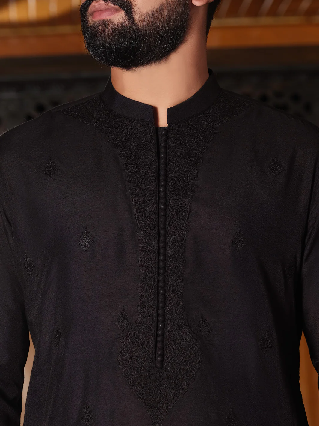 Black Cotton Silk Formal Kurta - AL-K-SP-025 - Image 2