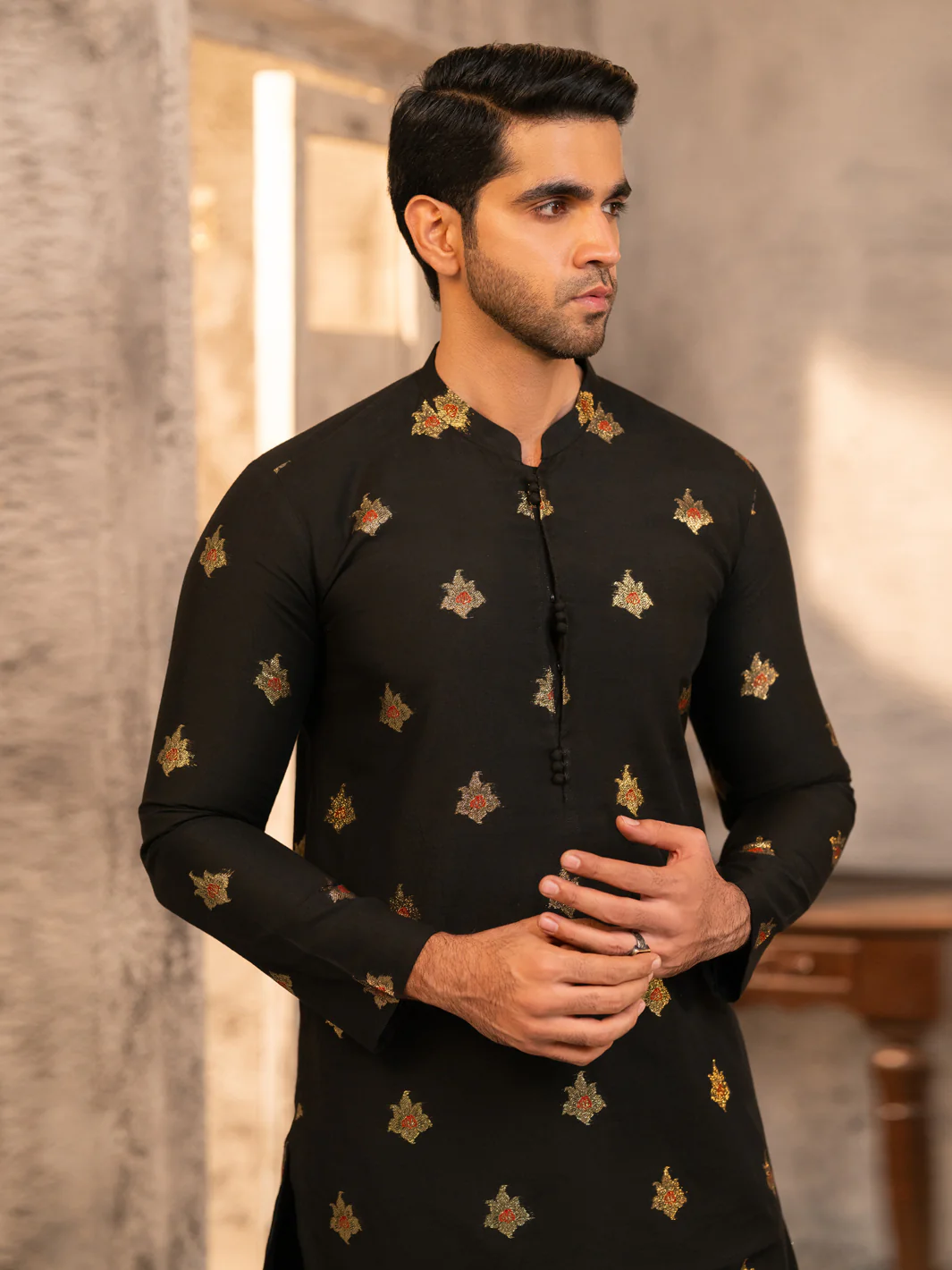 Black Formal Brocade Kurta - AL-K-SP-065 - Image 2