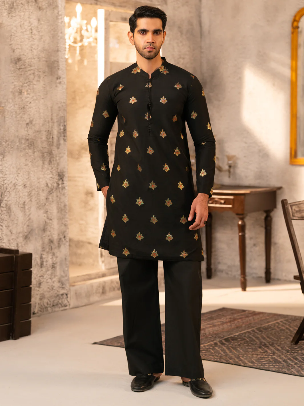 Black Formal Brocade Kurta - AL-K-SP-065 - Image 3