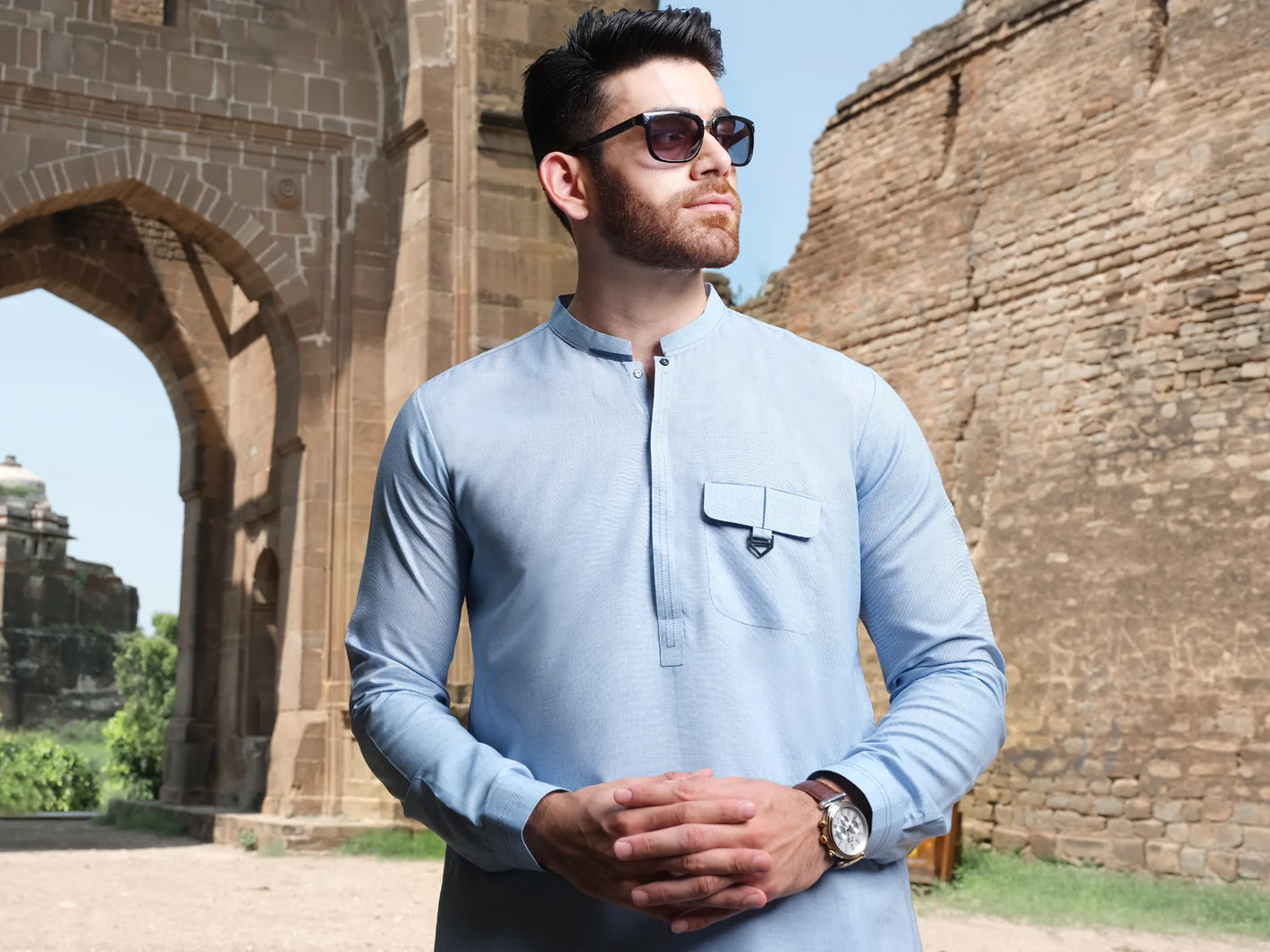 Ice Blue Blended Kurta Pajama - AL-KS-2559 - Image 3