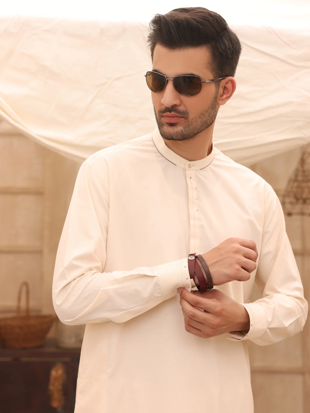 Cream Blended Kameez Shalwar - AL-KS-2630 - Image 2