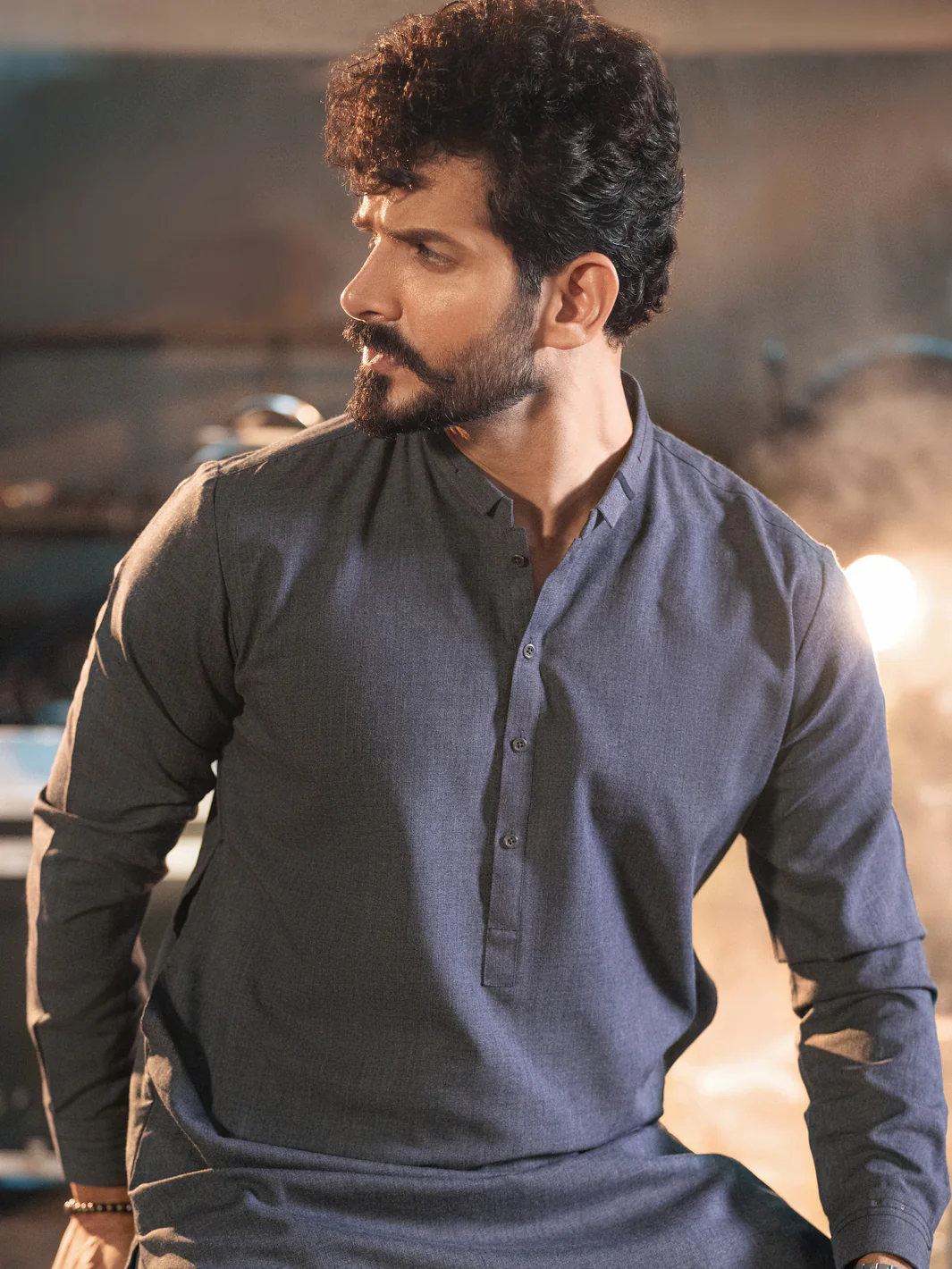 Charcoal Grey Blended Kurta Shalwar - AL-KS-2650 - Image 2