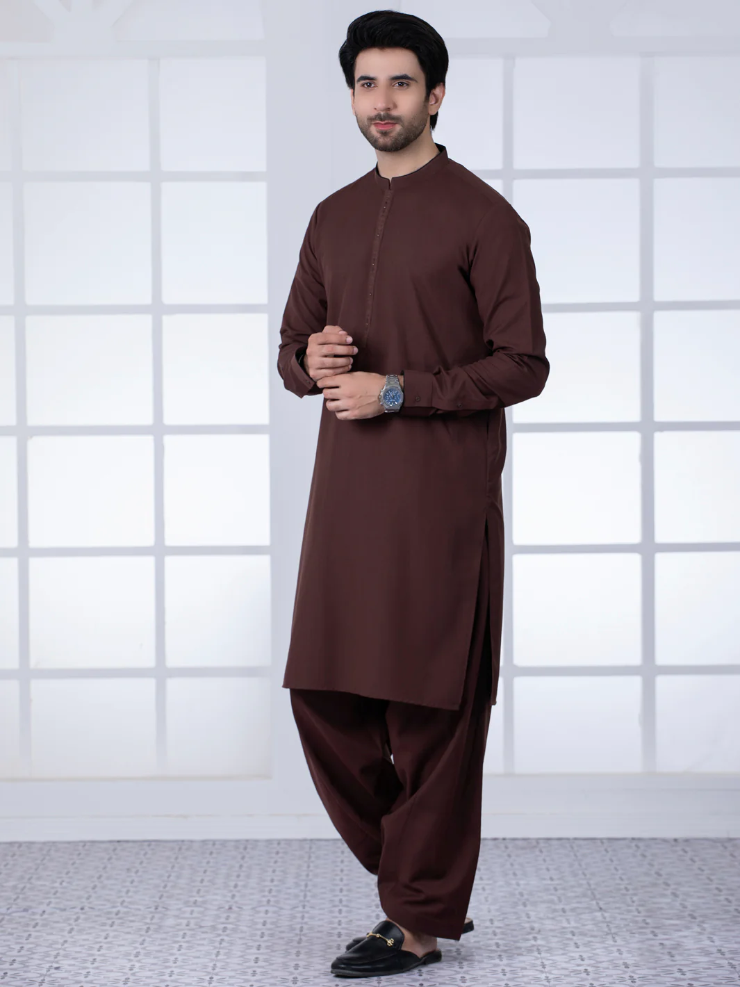 Brown Blended Kameez Shalwar - AL-KS-2778 - Image 3