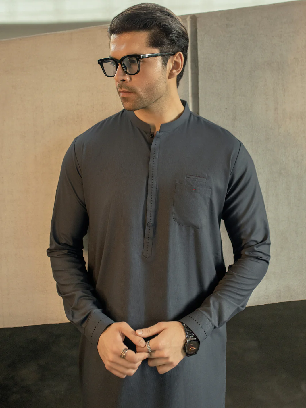 Charcoal Grey Kameez Shalwar - AL-KS-2950 - Image 4