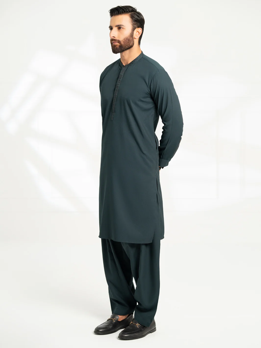 Dark Green Semi-Formal Kameez Shalwar - AL-KS-3300 - Image 4
