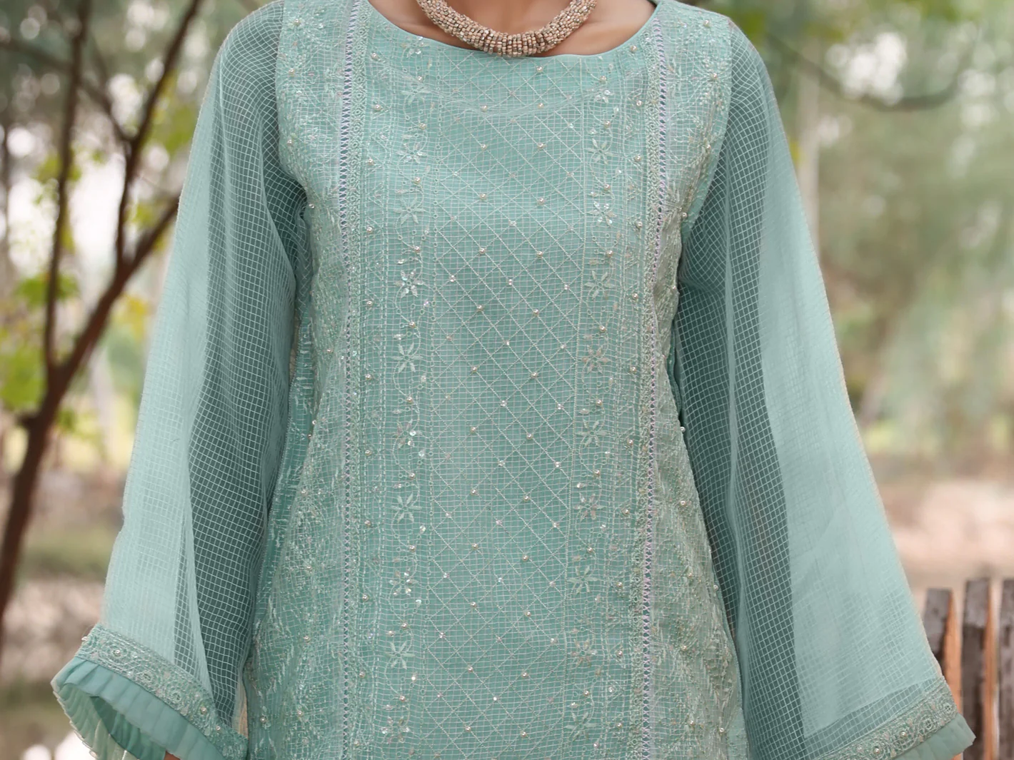 Sea Green Khaddi Net Tunic - AL-LK-780 - Image 3
