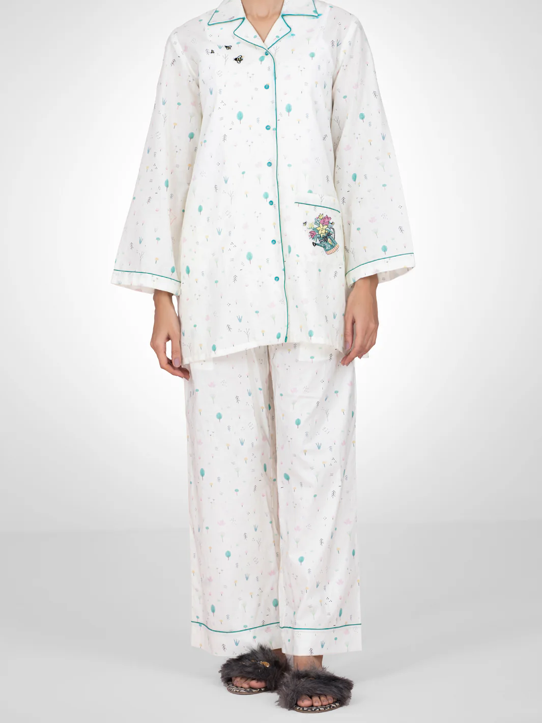Off White Cotton 2 Piece Stitched Nightwear - AL-LKS-NW-1012