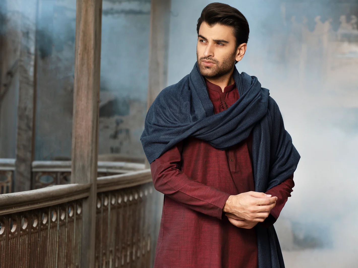 Blue Blended Shawl For Men - AL-SH-005 - Image 4