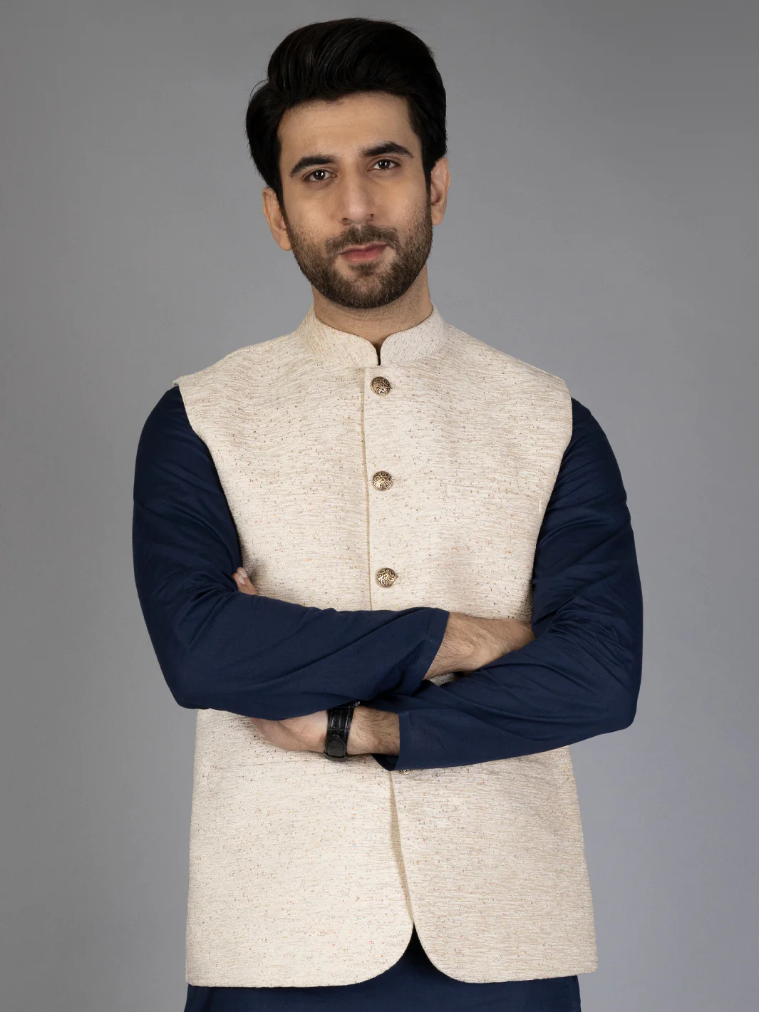 Cream Textured Waistcoat - AL-WC-445 - Image 2