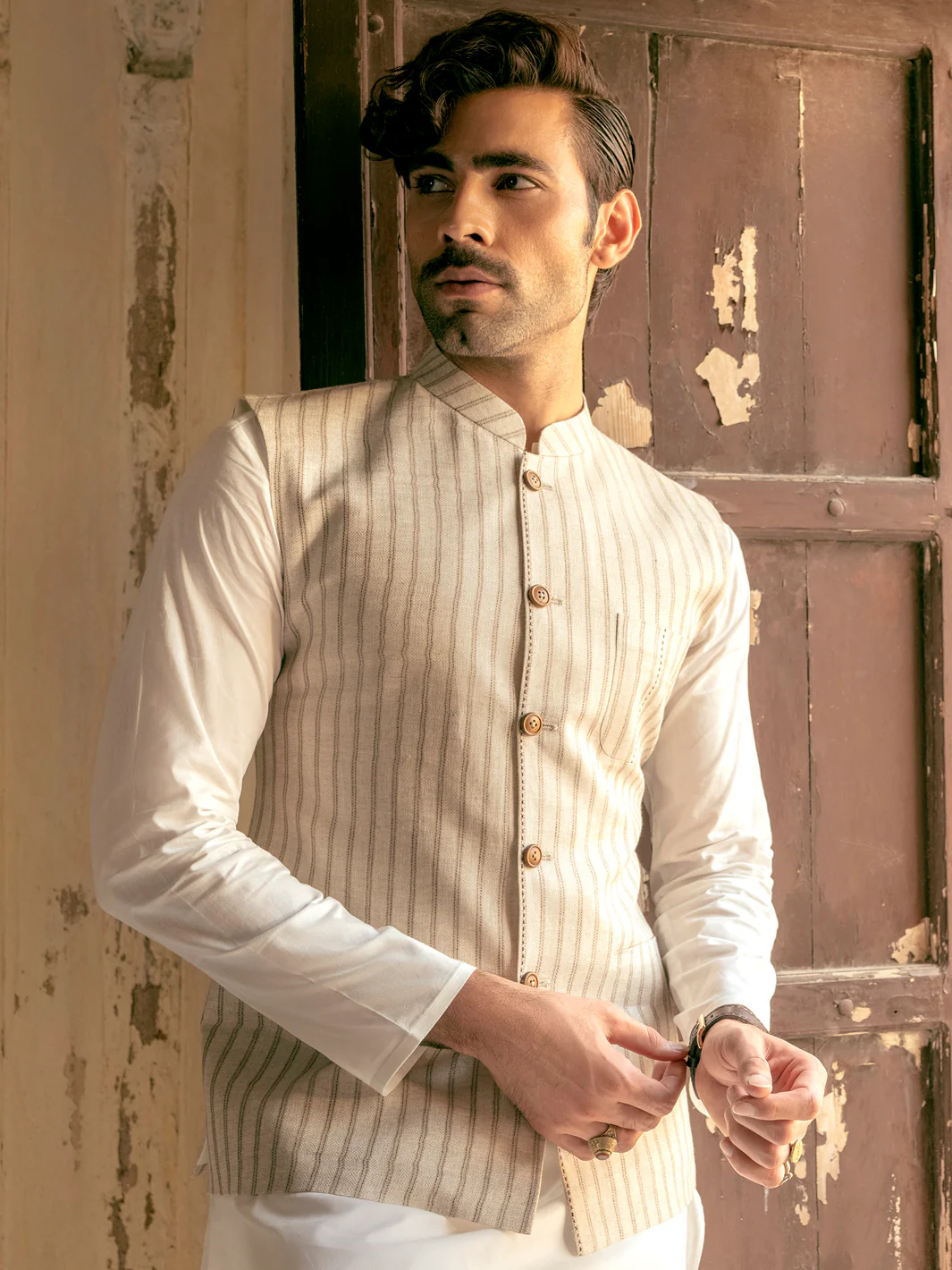 Beige Linen Waistcoat - AL-WC-452 - Image 3