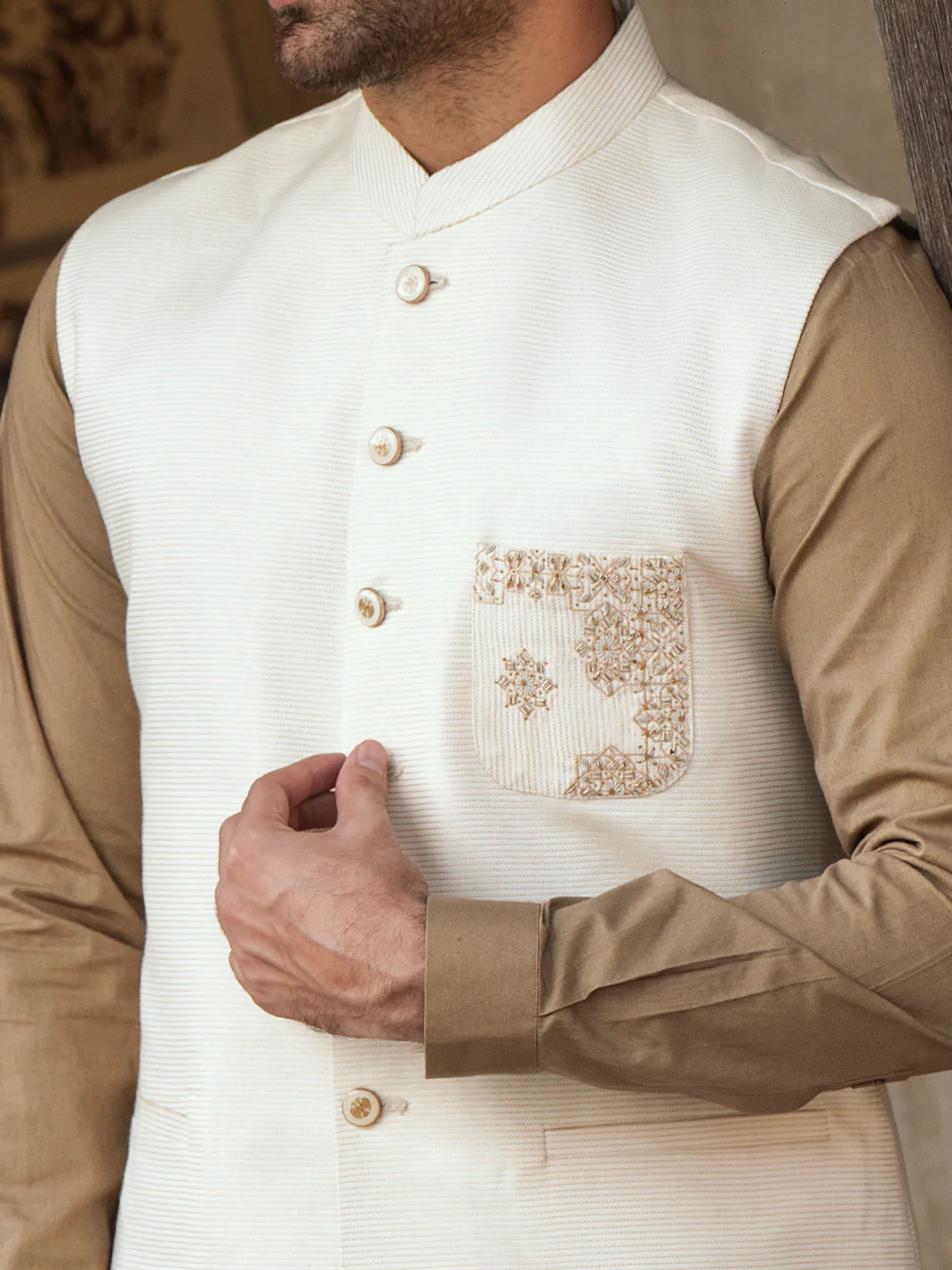 Off White Cotton Waistcoat - AL-WC-472 - Image 3
