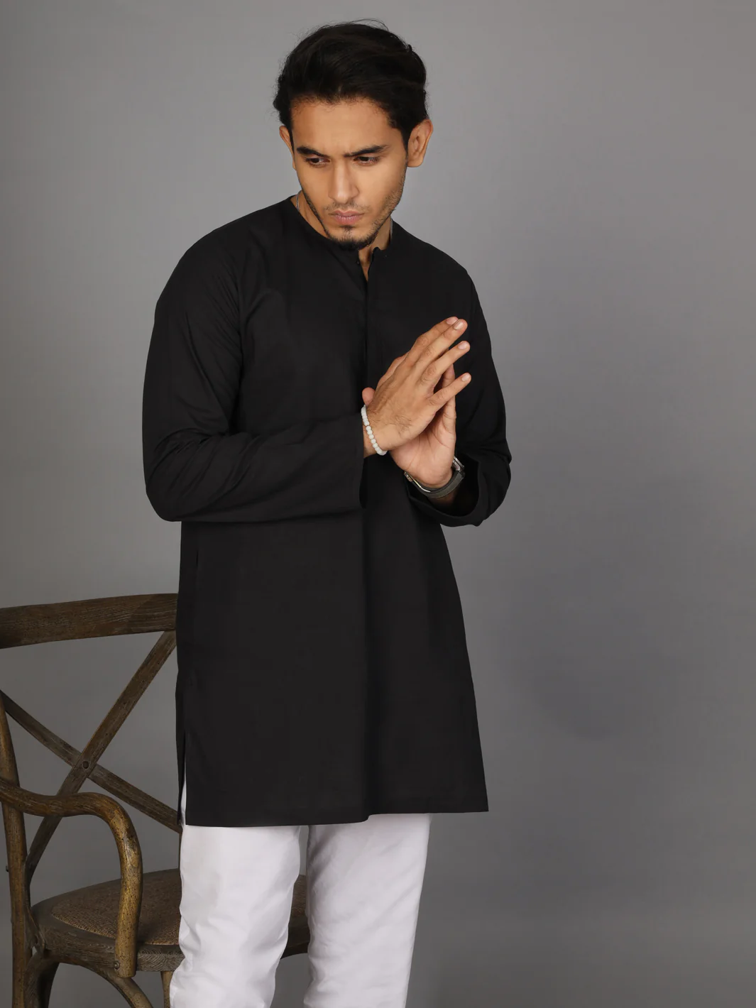 Black Linen Short Kurta - ALCR-K-015 - Image 2