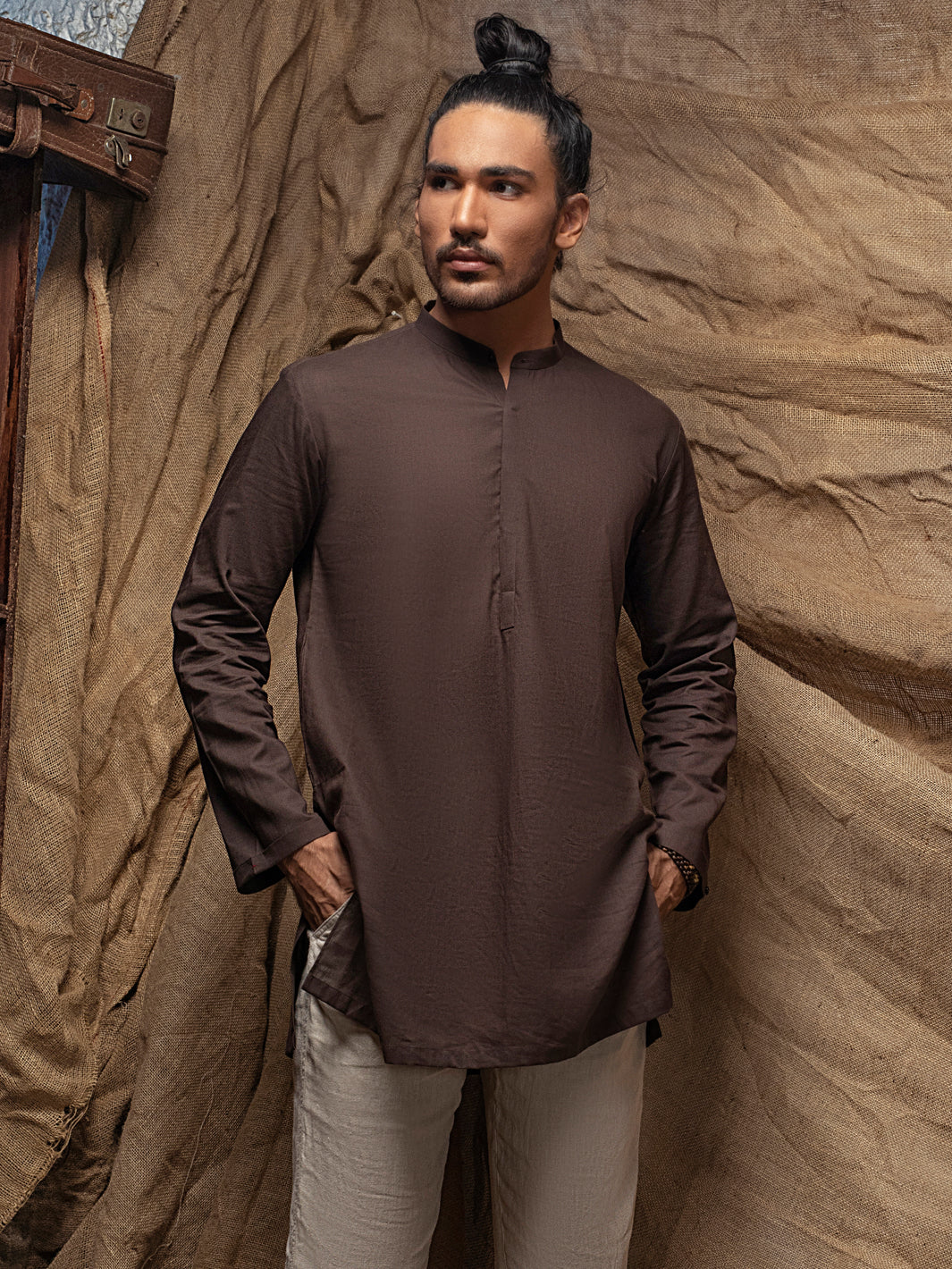 Brown Linen Short Kurta - ALCR-K-016