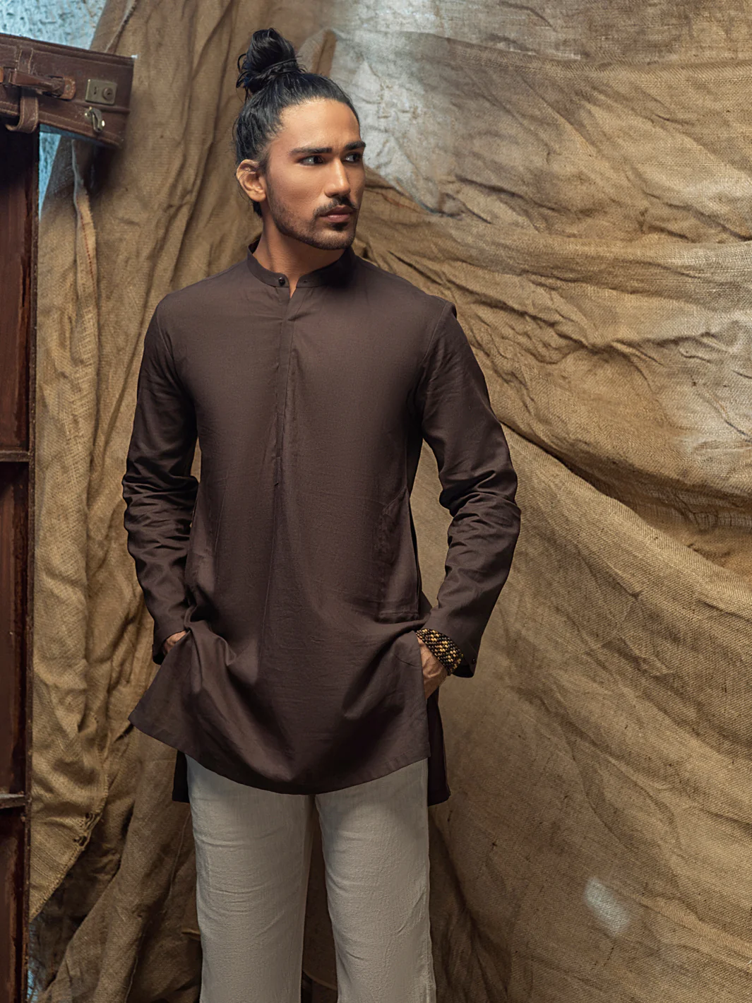 Brown Linen Short Kurta - ALCR-K-016 - Image 3