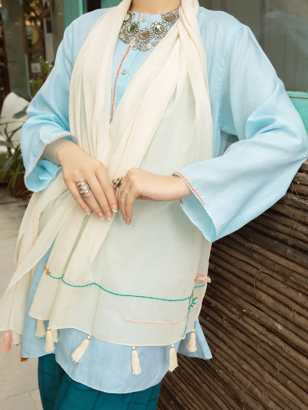 Off White Swiss Voile Women Stole - ALCR-ST-1039 - Image 2