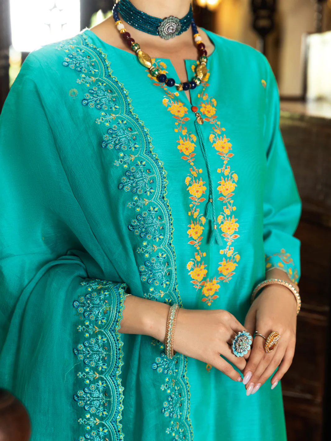 Sea Green Golden Booti Women Stole - ALCR-ST-1053 - Image 3
