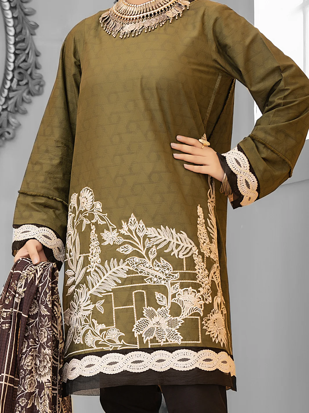 Olive Green Cambric 2 Piece Stitched - ALP-1031 - Image 3