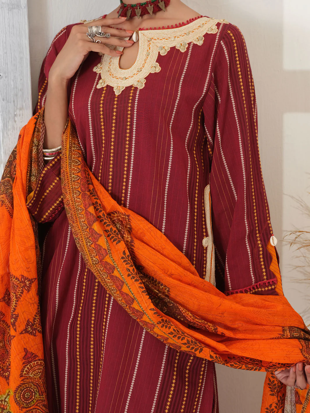 Maroon Yarn Dyed Jacquard 3 Piece Stitched - ALP-3PS-1052/S - Image 4