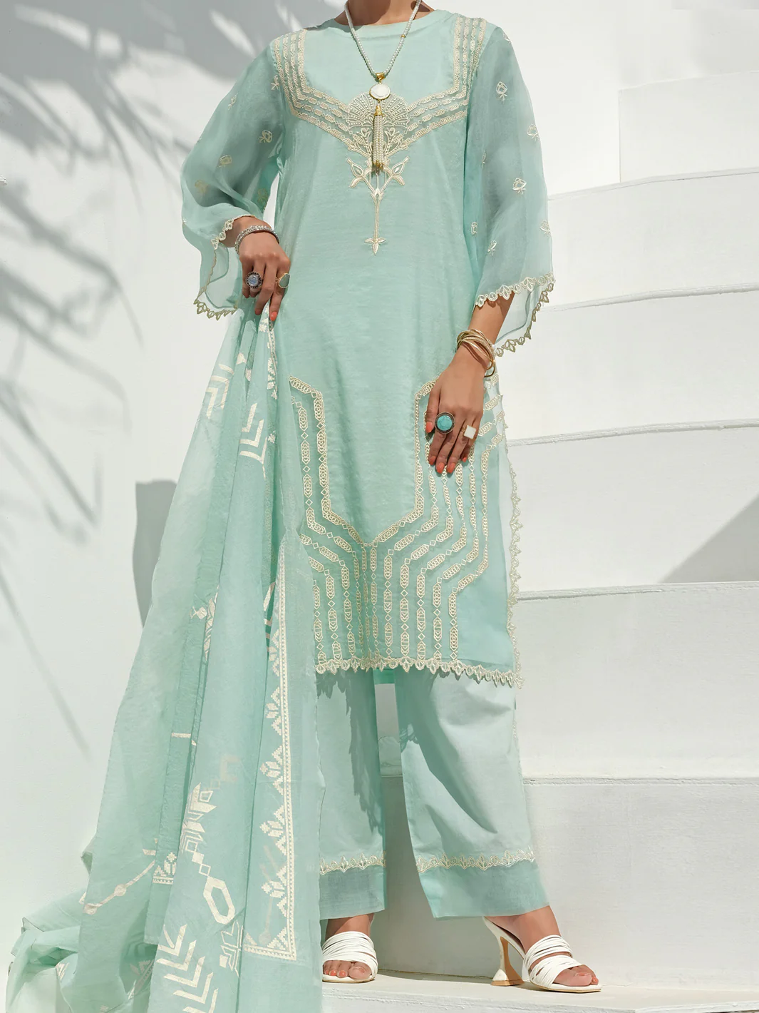 Sky Blue Swiss Voile + Khaddi Net 3 Piece Stitched - ALP-3PS-1057