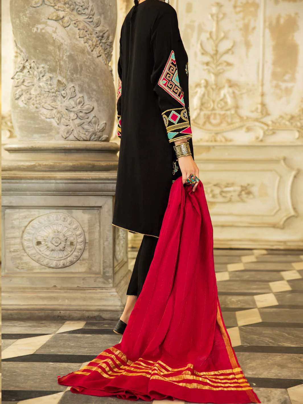 Black Raw Silk 3 Piece Stitched - ALP-3PS-1280 - Image 3