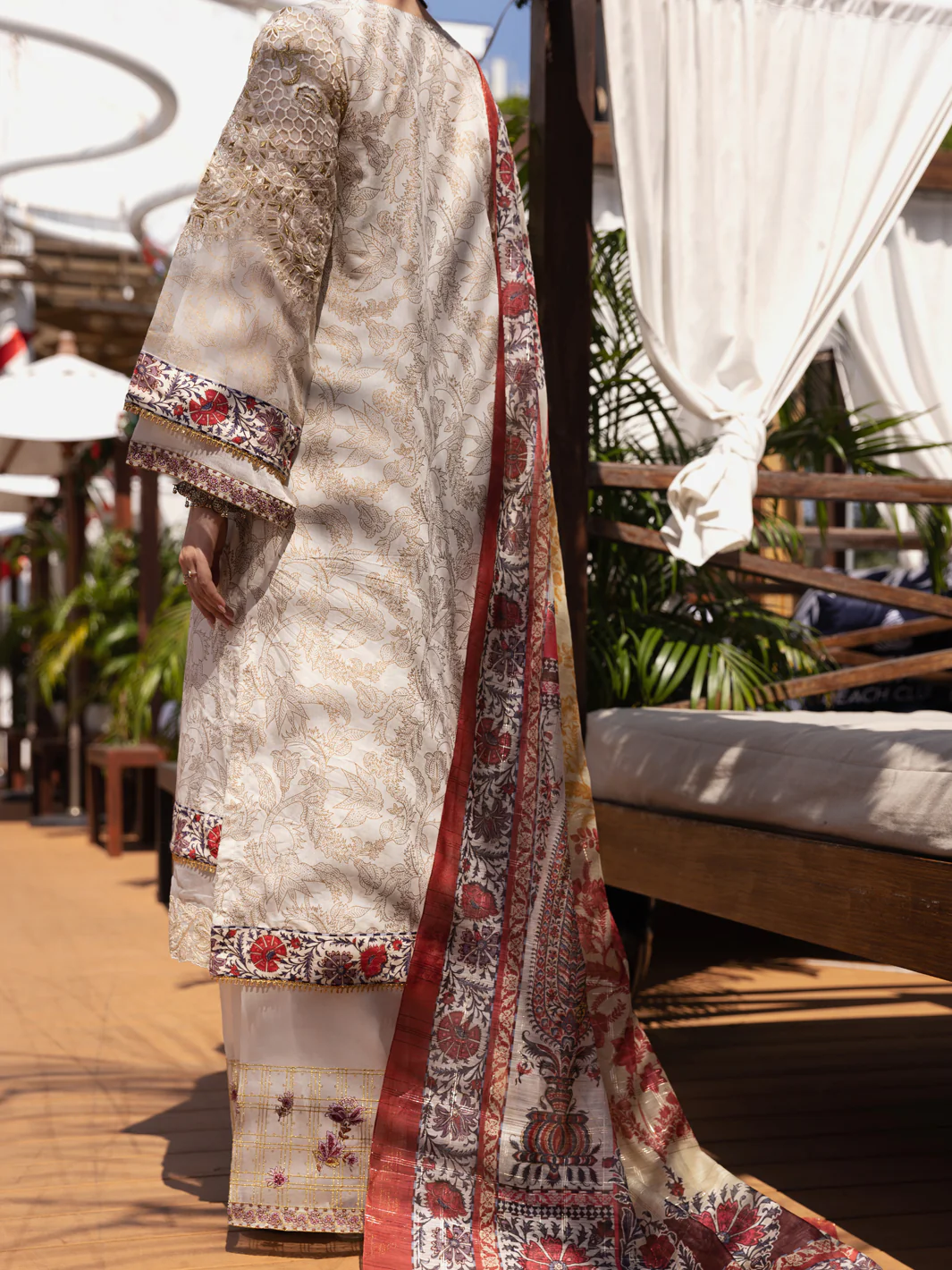 Off White Silk Chanderi 3 Piece Unstitched - ALP-3PS-1526 - Image 2