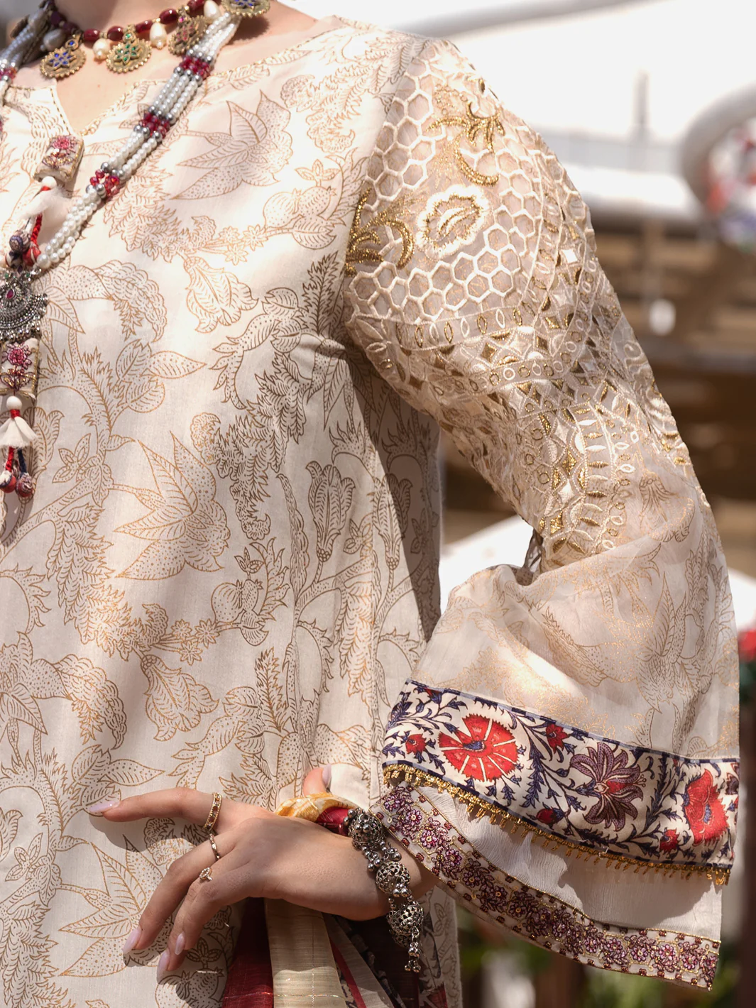 Off White Silk Chanderi 3 Piece Unstitched - ALP-3PS-1526 - Image 4